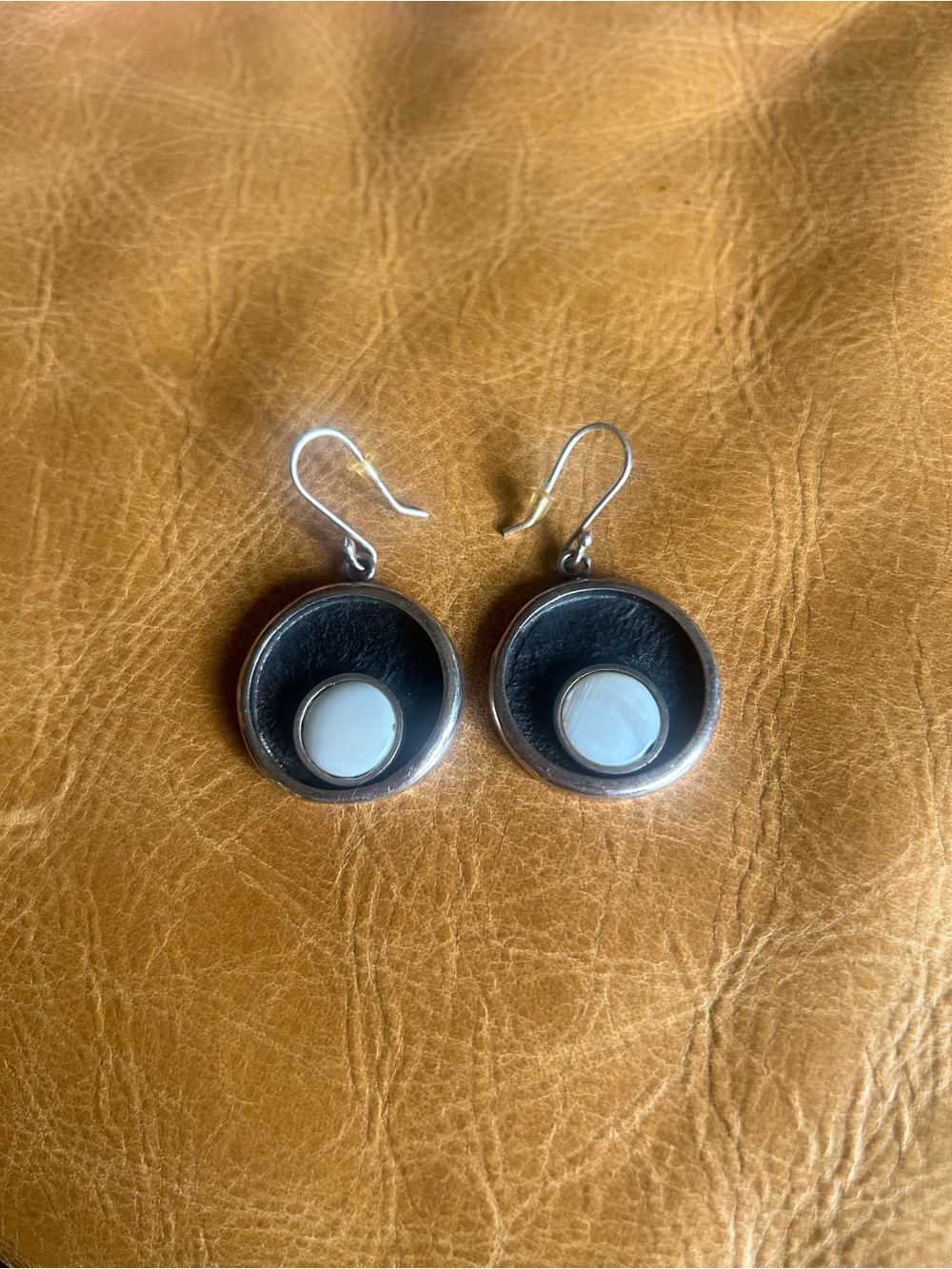 Silver-Tone Black and White Drop Earrings - Modern Circle Design